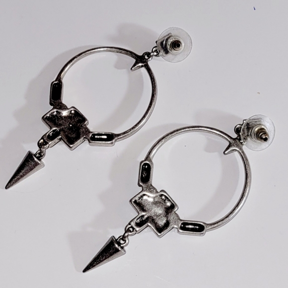 New Earrings, Blue Jewel Silver-tone Open Hoop Dangle Spike, NWOT - Picture 4 of 4